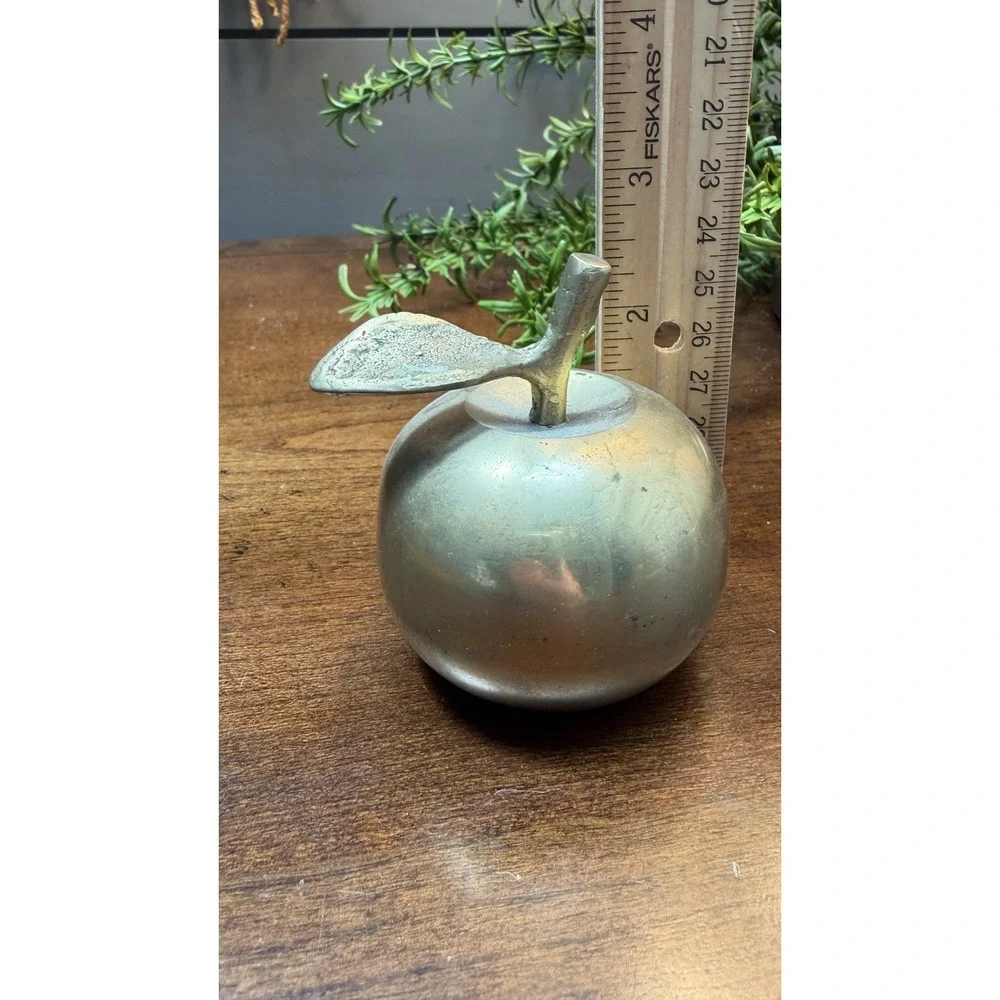 Vintage Brass Apple Bell Paper Weight Solid w/ Clapper Stem & Leaf, Small